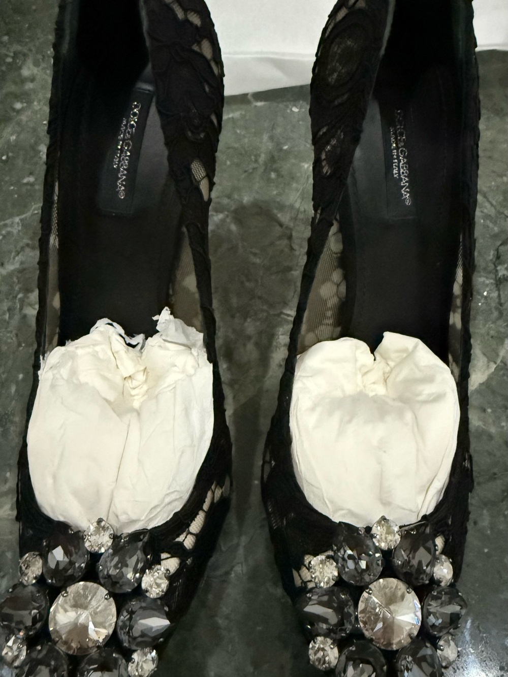 Dolce & Gabbana Black Lace Pumps with Crystal Brooch Detail
